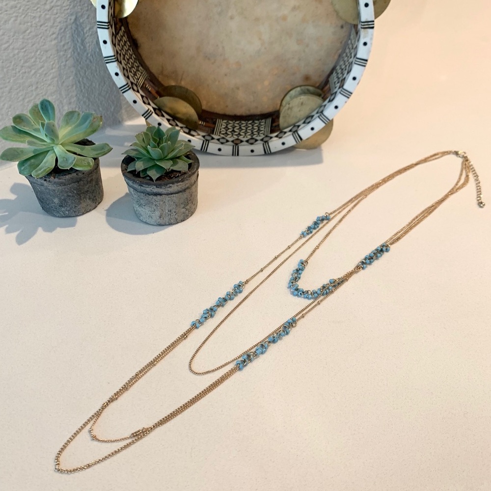 Long Layered Gold Necklace with Blue Beading